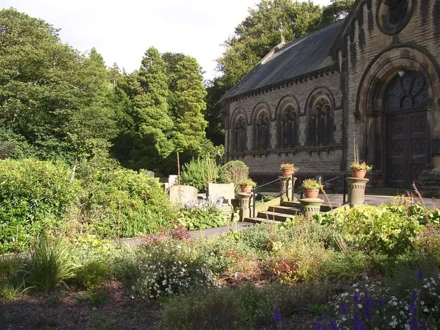 Garden in front of St Mary's Church, Wilshaw, Meltham