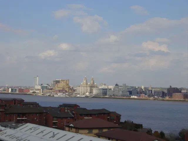 Liverpool waterfront from St Mary's church, Birkenhead Priory