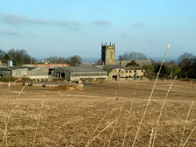 Across farmland to Church Farm,  Woolley