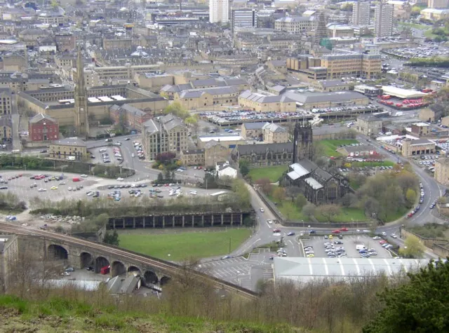 View of the Square Chapels, Piece Hall and Parish Church, Halifax